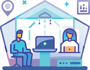 Futuristic remote home office with holographic technology and people working