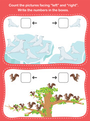 Count the pictures facing &ldquo;left&rdquo; and &ldquo;right&rdquo;. Write the numbers in the boxes.