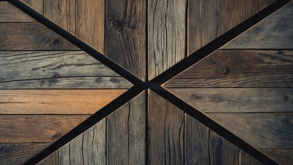 Wooden planks arranged in a geometric pattern creating a star-like design.