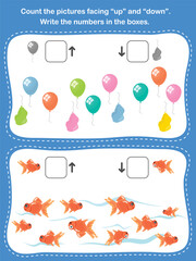 Count the pictures facing &ldquo;up&rdquo; and &ldquo;down&rdquo;. Write the numbers in the boxes.