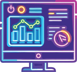 Glowing neon futuristic computer screen displaying business analytics and data visualizations