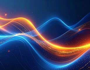 Abstract geometric background, futuristic style, dynamic wave lines, blue and orange gradient, glowing light effects, modern digital design, clean and minimal, horizontal orientation, copy space, high