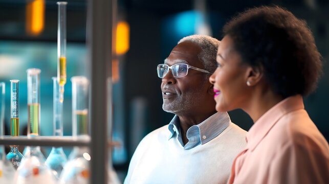 Scientists observe experiments in a modern laboratory setting