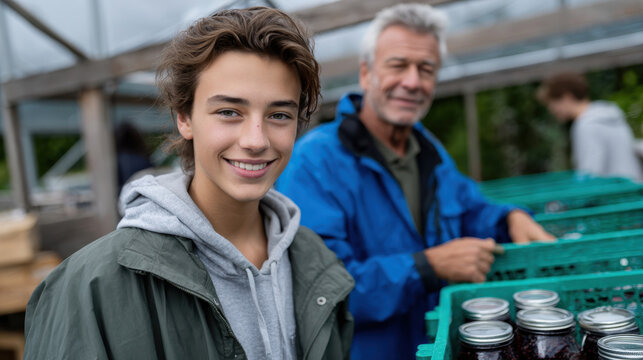 A teenager helps an older man as they show smiles while arranging fresh produce, depicting strong intergenerational bonds and teamwork in agricultural settings.