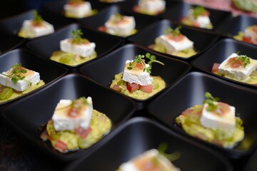 Array of Gourmet Appetizers with Cheese, Prosciutto, and Avocado Puree