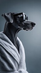 Sleek black dog studio portrait on white background