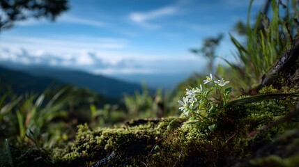 Scenic jungle landscape with layers of greenery, crystal blue sky above, foreground highlighting a tiny white-flowered plant growing on moss-covered soil, soft natural light.