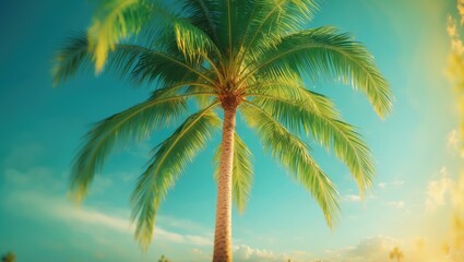 A palm tree against a blue sky with clouds, capturing a tropical and sunny environment.
