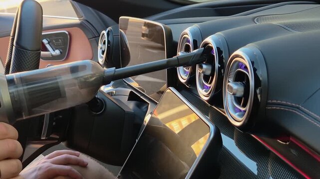 The driver cleans the car's deflectors using a cordless vacuum cleaner