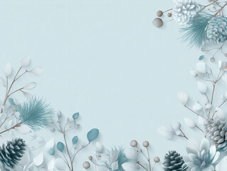Elegant winter pinecone and foliage frame on light blue background

