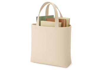 Cream tote bag containing books on transparent background
