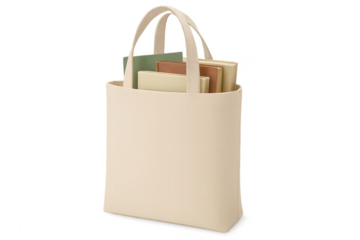 Cream tote bag containing books on transparent background