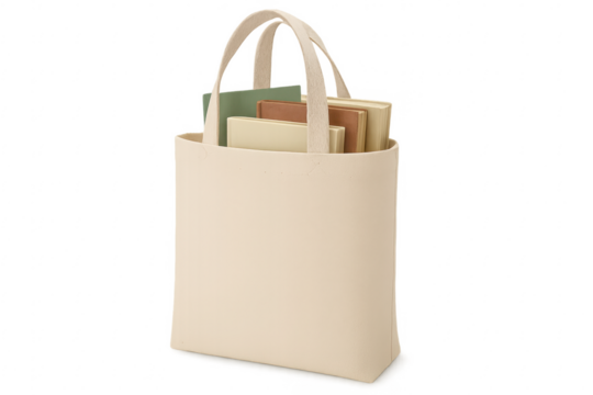 Cream tote bag containing books on transparent background