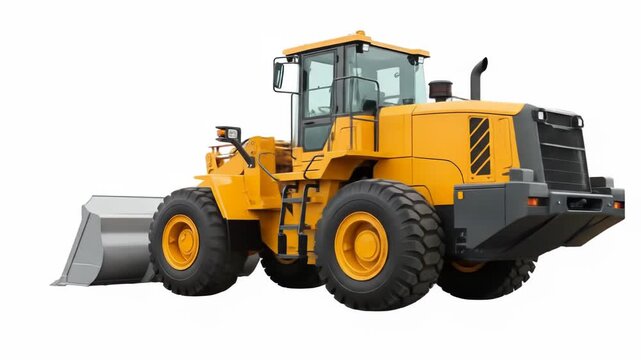 A yellow front loader with a silver bucket isolated on a white background
