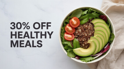 Healthy meal bowl with avocado and quinoa for thirty percent off promotion