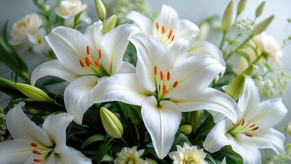 Fototapeta premium Beautiful white lilies with orange stamens, surrounded by green leaves and buds.