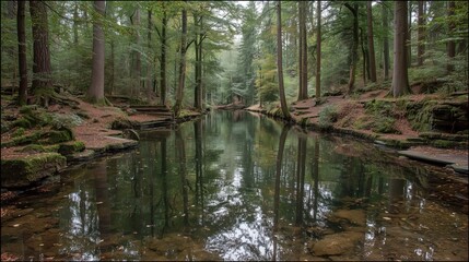 Tranquil Forest Waters Reflecting Lush Green Trees in Nature
