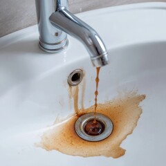 Rusty water flowing from a chrome faucet into a white ceramic sink staining the basin and drain