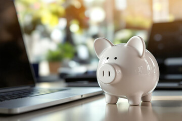 a white piggy bank on an office desk