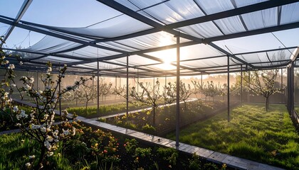 Obraz premium Blossoming Trees in Enclosed Garden at Sunrise with Wooden Walkway