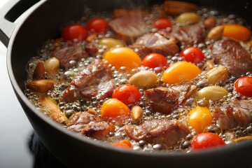 Cherry Tomatoes and Beef Braising in Skillet