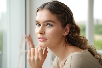 Pensive Young Woman Gazing Out of Window - Portrait of Thoughtful Female