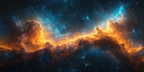 Fototapeta premium Vibrant cosmic clouds illuminated by orange and blue hues in a stunning galaxy setting