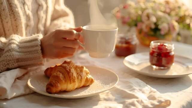 女性の手が温かいセラミックカップのミルクティーを両手で包むように持っています。
テーブルにはクロワッサンと小さなジャムの瓶が置かれ、朝食のほっとするひとときを演出。
柔らかな朝の自然光がシーン全体を温かく照らし、落ち着いた雰囲気を作ります。