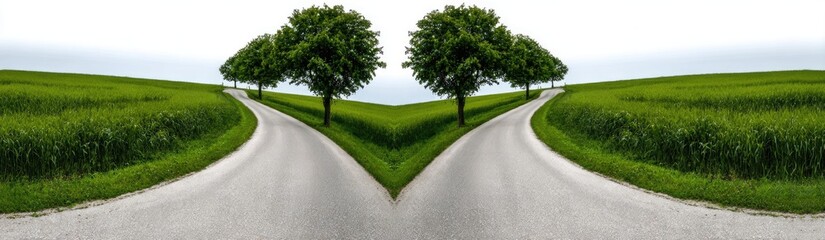 Fototapeta premium A symmetrical country road forks through a verdant field, flanked by identical trees, creating a peaceful and contemplative scene.