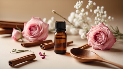 Aromatherapy setup with pink roses, cinnamon sticks, a small essential oil bottle, a wooden spoon, and delicate white flowers.