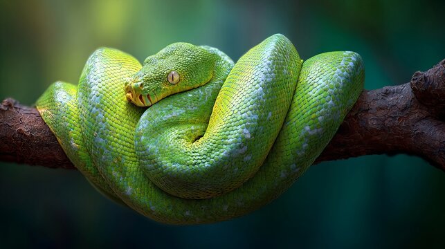 A vibrant green tree python rests elegantly on a branch, showcasing its striking scales and captivating gaze.