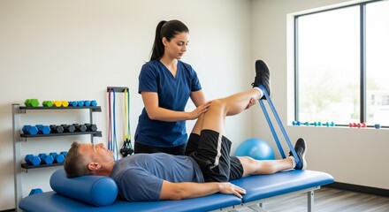 A female physical therapist assists a male patient with a resistance band exercise for knee rehabilitation in a clinic.