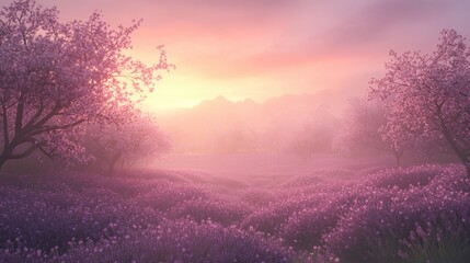 Beautiful Lavender Field with Blooming Cherry Blossom Trees at Sunset in Springtime