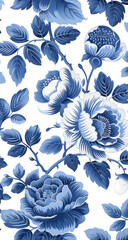 Floral pattern of large, detailed blue peonies on white