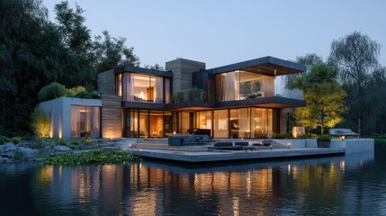 Obraz premium 3d rendering of modern house by the river house, luxury, villa, modern, architecture, building, exterior, residential, property, designer