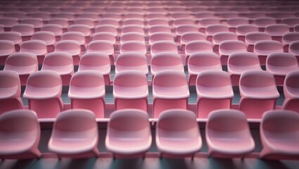 Fototapeta premium Rows of pink chairs arranged in an auditorium or theater setting.