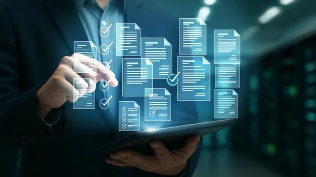 Businessman Using Tablet with Floating Checkmarked Documents in Modern Office