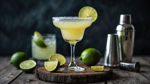 Lime margarita with fresh limes and cocktail shaker on rustic wooden table. - Powered by Adobe