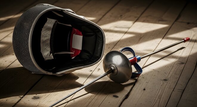 Fencing mask and epee on wooden floor
