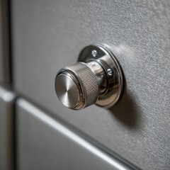 Close up of a textured metal dial or knob on a grey industrial surface with a brushed metal handle