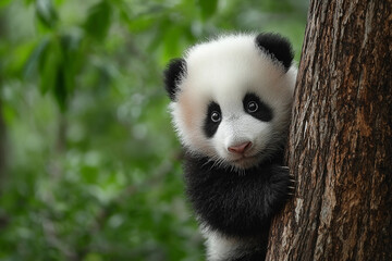 Adorable giant panda cub peeking from behind a rough textured tree trunk