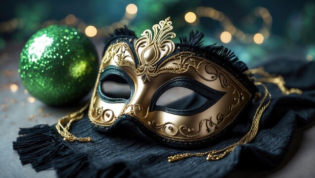 A decorative gold and black masquerade mask with a green glittery ball in the background, suitable for festivities or masquerade events.