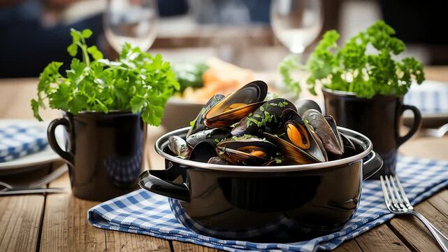 A black pot of cooked mussels on a blue and white checkered cloth