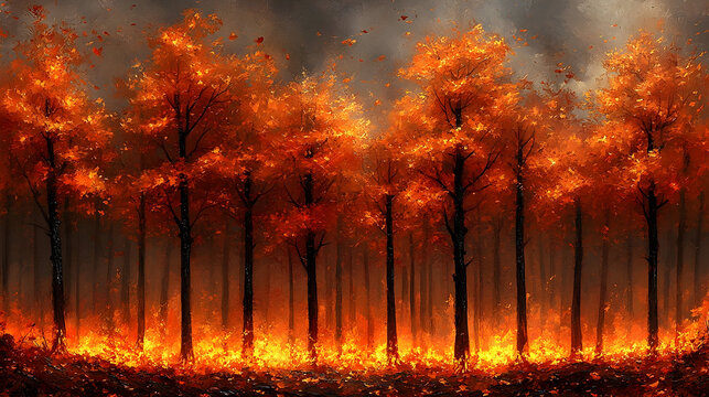 Autumn forest scene. Trees in fiery hues, and a smoky sky