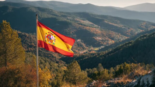 The Spanish flag is billowing in the wind, set against majestic mountains, celebrating Independence Day festivities.