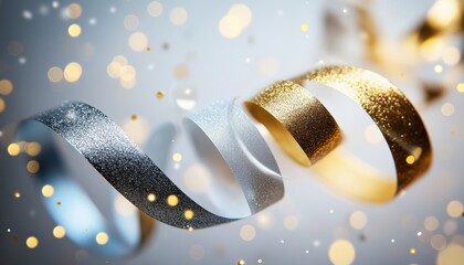 Obraz premium Festive Gold and Silver Party Streamers with Sparkling Confetti for Celebration Events