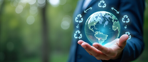 Hand Holding Holographic Globe with Sustainability Icons for Life Cycle Assessment in Eco-Friendly Initiatives - Empty Space Concept