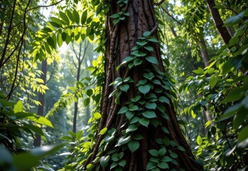 tropical vines wrapping around tree trunks in rainforest, leaves reaching sunlight, cinematic photorealistic wide shot capturing climbing growth pattern vividly