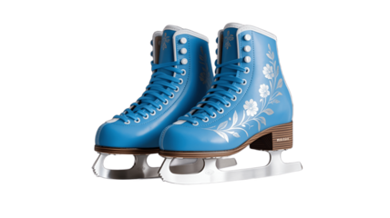 A pair of brand new, elegant blue ice skates ready for the winter season.