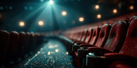 Interior of a theater showcasing empty red seats illuminated by stage lights during a performance night